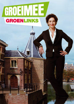 Poster: GROEIMEE - GroenLinks [afbeelding Femke Halsema die tegen het torentje aanleunt]